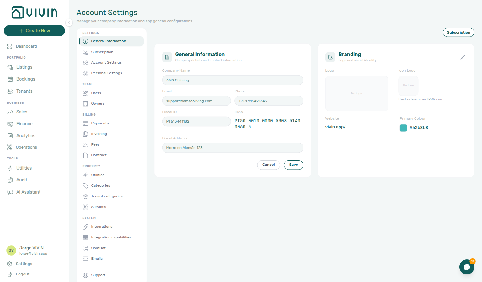Account Settings — General Information, company details card in edit mode with Save and Cancel