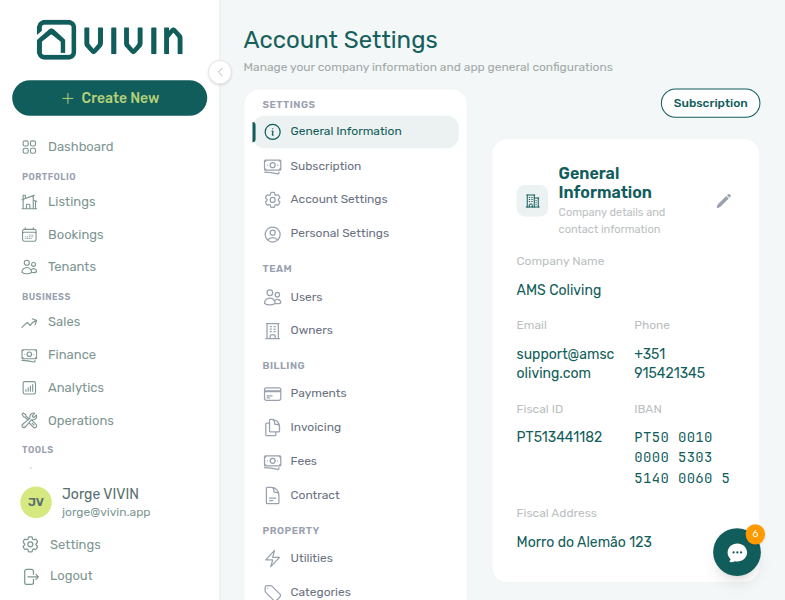 Account Settings — General Information tab with company details card and sectioned sidebar navigation