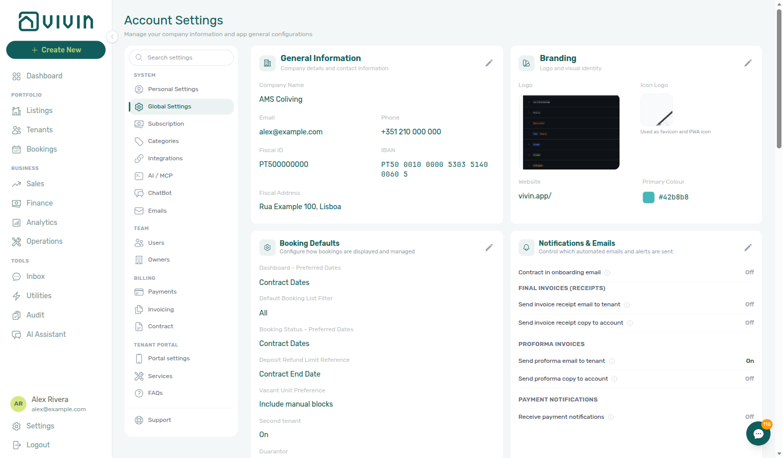 Account Settings — General Information selected, company details card with edit control