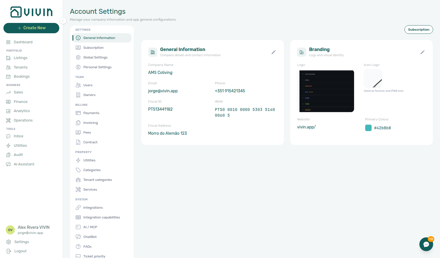 Account Settings — General Information with top-right Subscription shortcut
