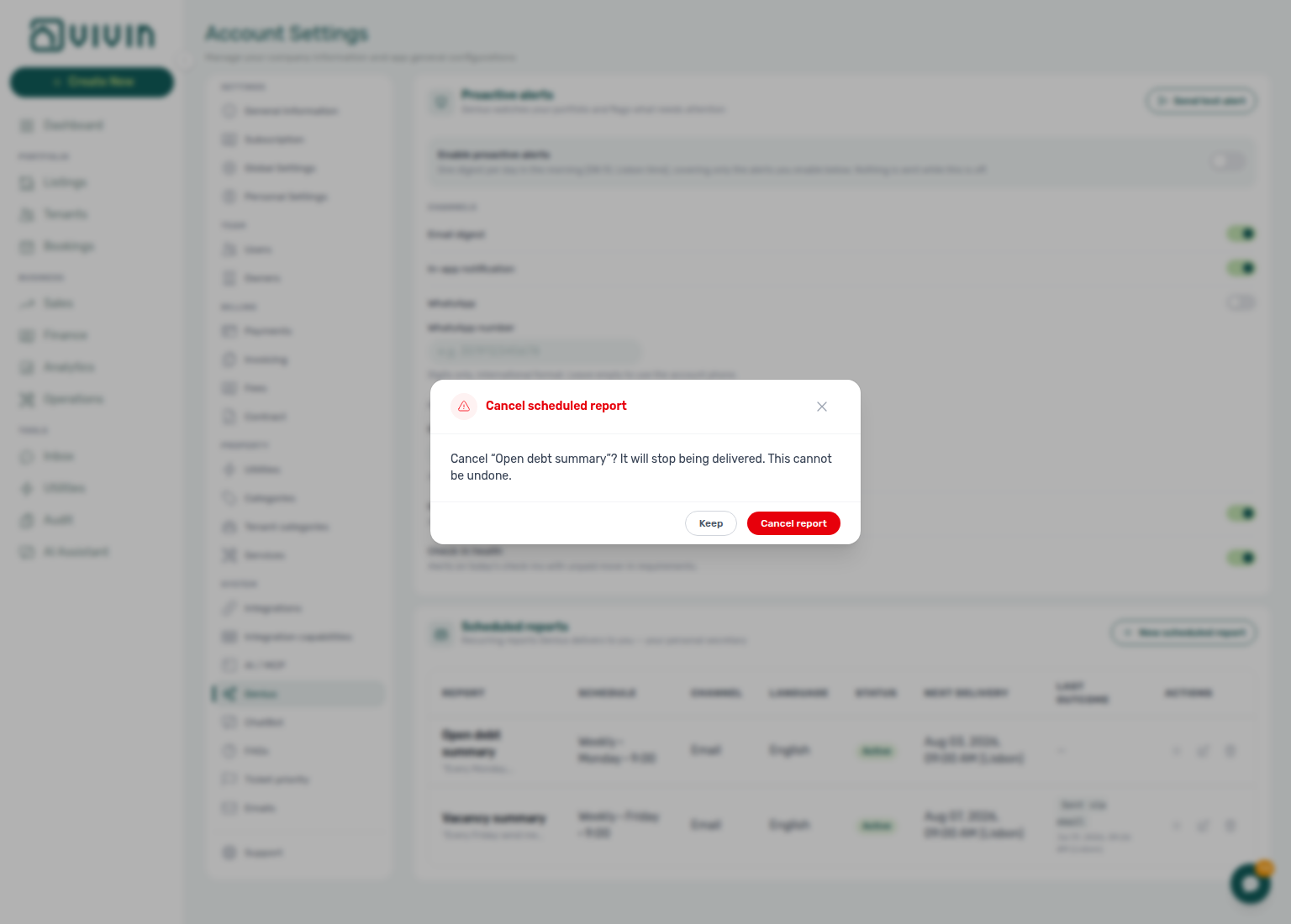 Account Settings — Genius Cancel scheduled report confirm for Open debt summary