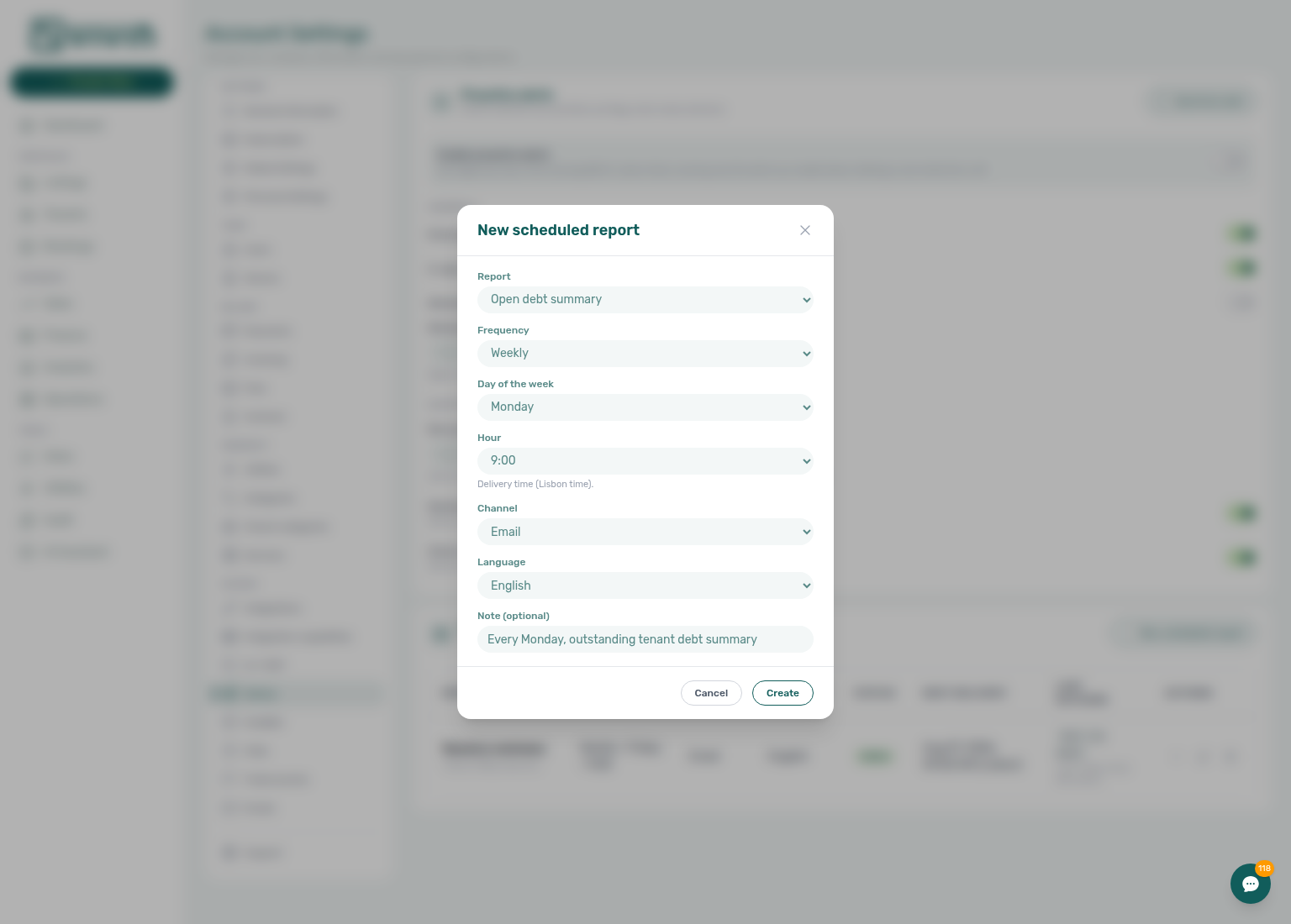Account Settings — Genius New scheduled report modal (Open debt, Weekly Monday, Email, English)