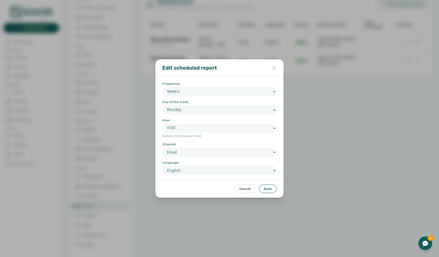 Account Settings — Genius Edit scheduled report modal (Weekly Monday, Email, English — report type fixed)
