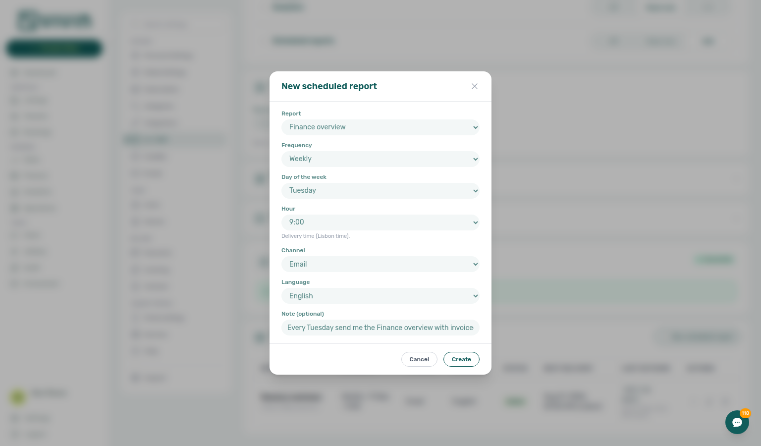 Account Settings — New scheduled report with Finance overview, Weekly Tuesday, Email