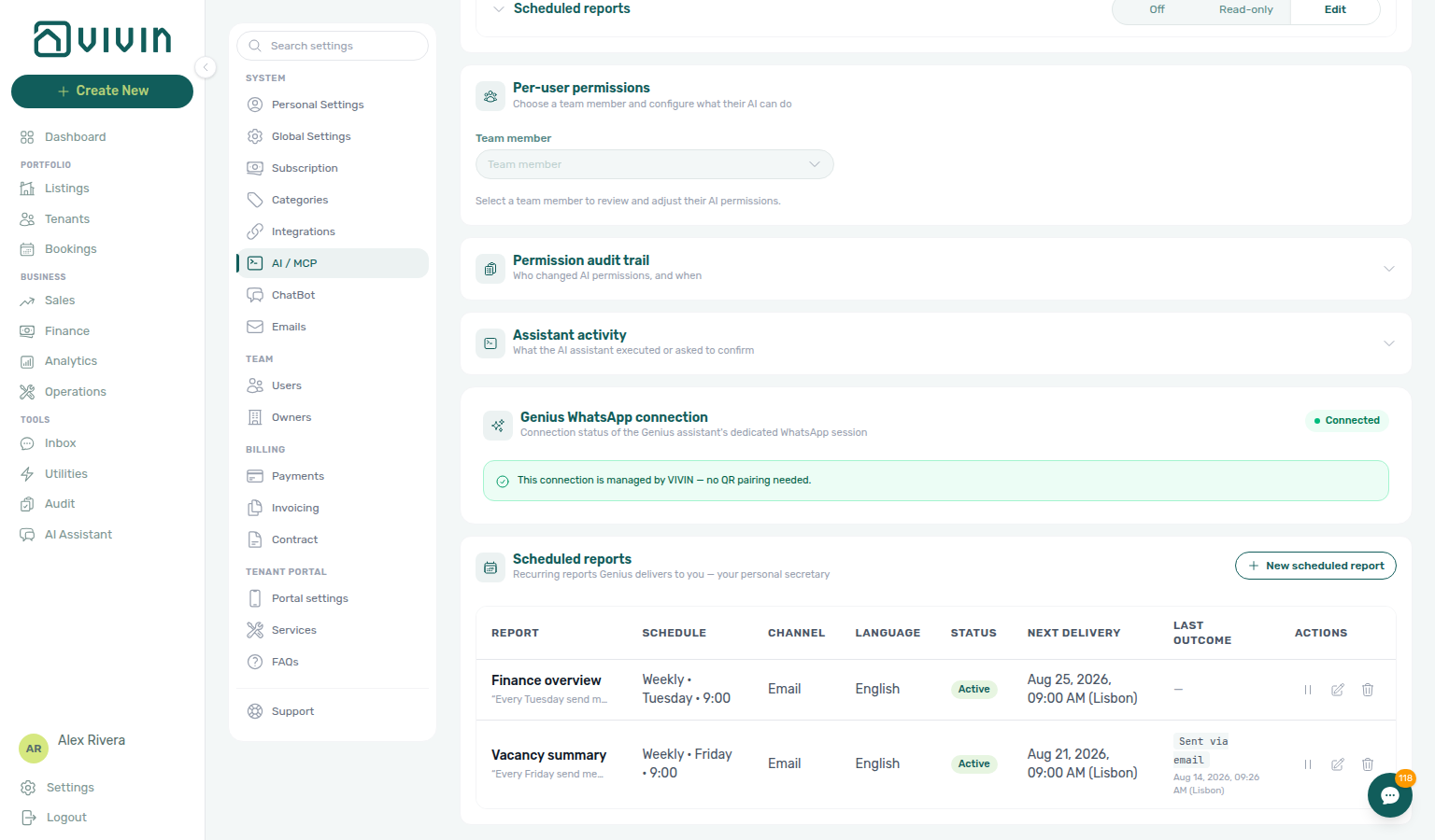 Account Settings — Scheduled reports table with Finance overview Active (Weekly Tuesday email) above Vacancy summary