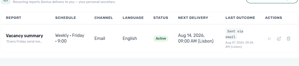 Account Settings — Genius Scheduled reports with Last outcome Sent via email
