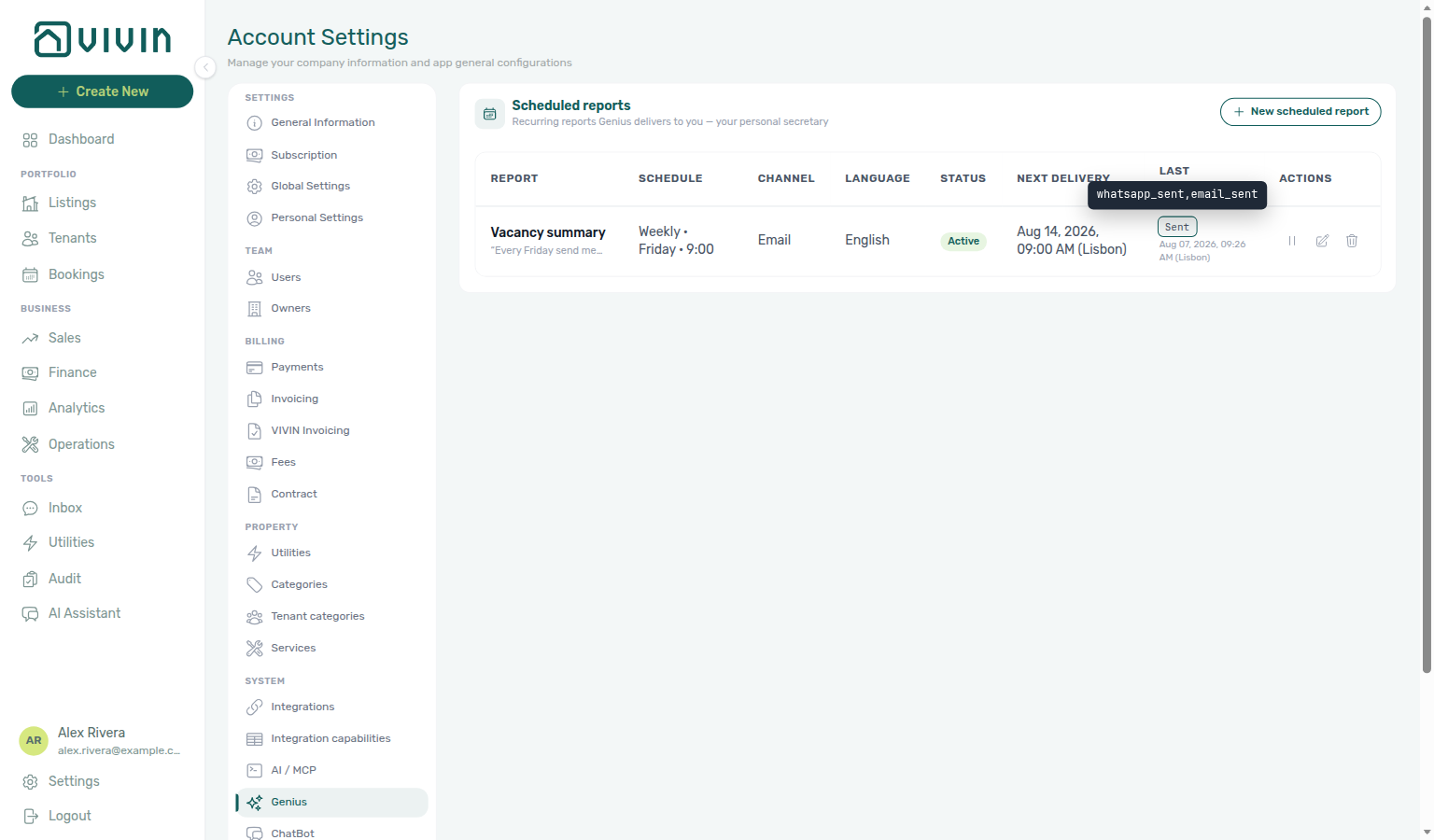 Account Settings — Genius Last outcome Sent with whatsapp_sent,email_sent hover tip on a both-channel run