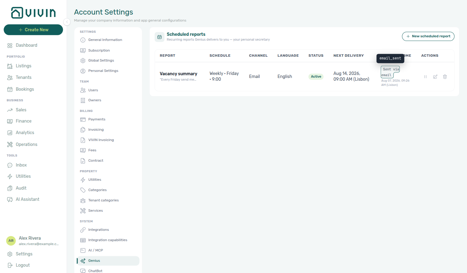 Account Settings — Genius Last outcome Sent via email with email_sent hover tip