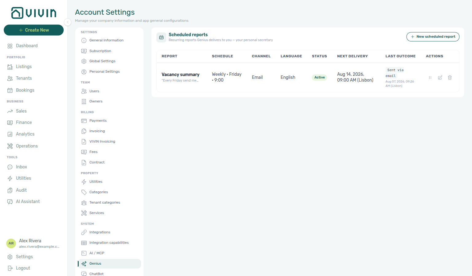 Account Settings — Genius Scheduled reports table with Vacancy summary Active and Open debt summary rows