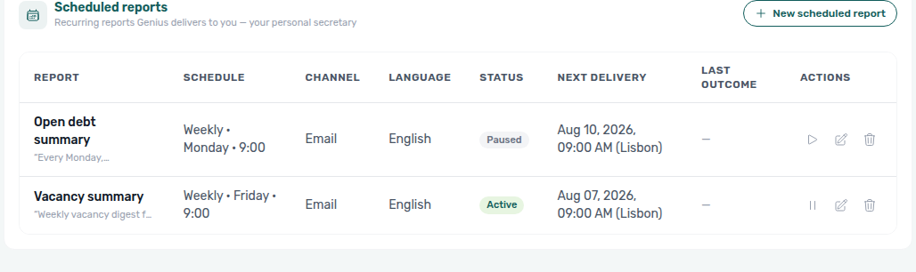 Account Settings — Genius Scheduled reports with Open debt summary Paused and Vacancy summary Active