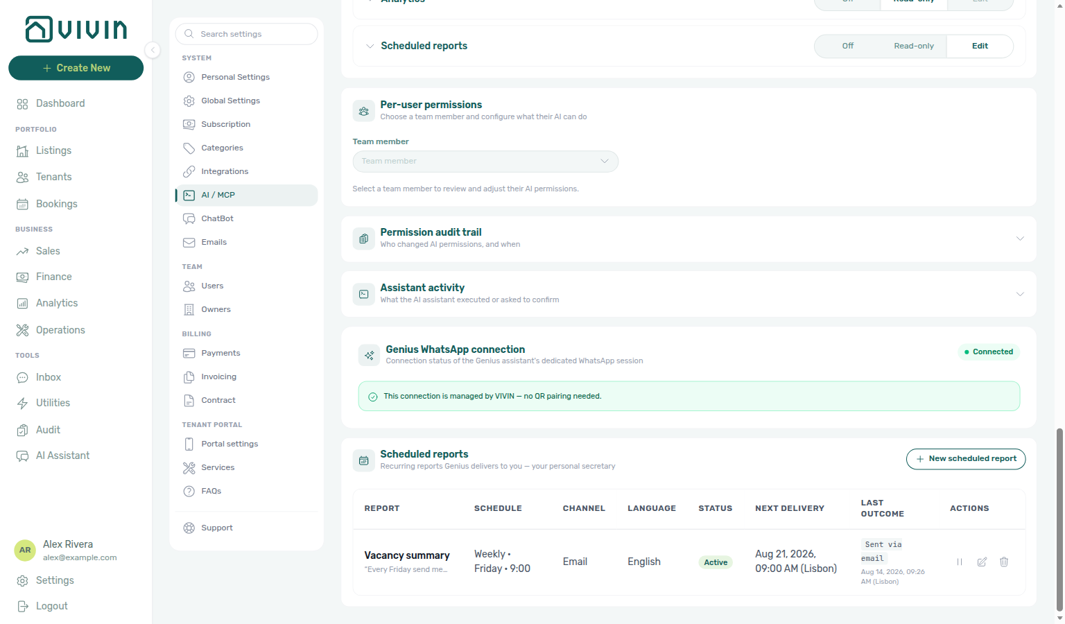 Account Settings — Genius Scheduled reports table and Last outcome on AI / MCP