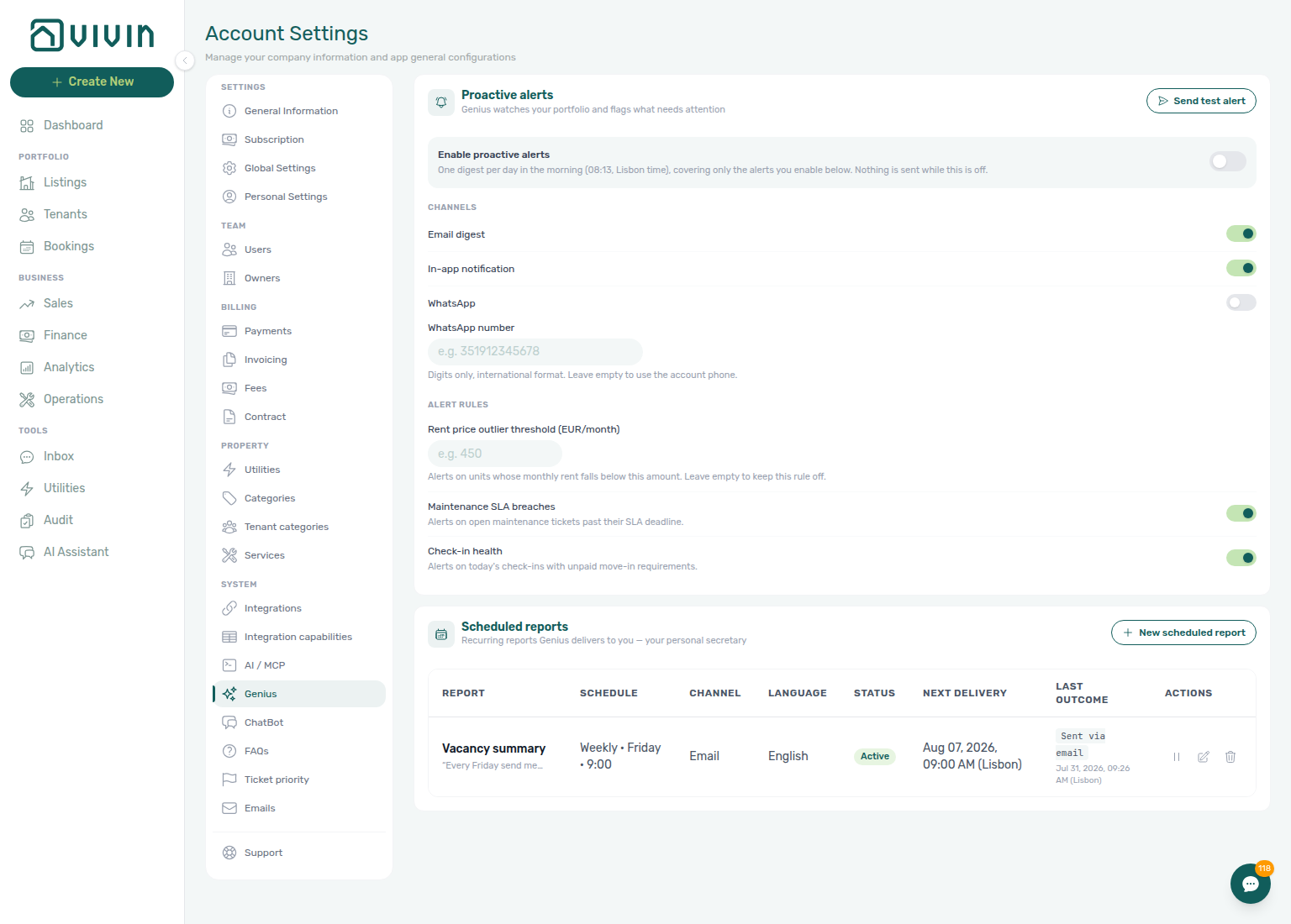 Account Settings — Genius tab with Proactive alerts card and Scheduled reports table