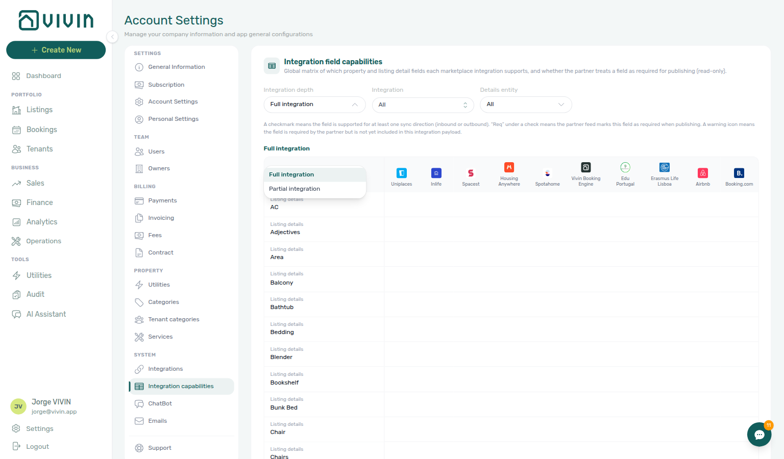 Account Settings — Integration field capabilities (full integration) with platform columns, field rows, checkmarks, and Req labels