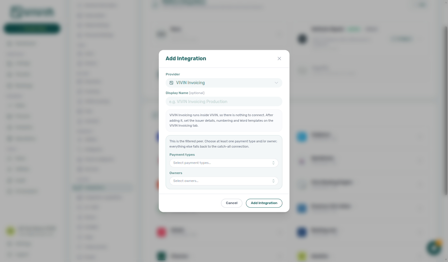 Account Settings — Add Integration for a filtered VIVIN Invoicing peer with Payment types and Owners