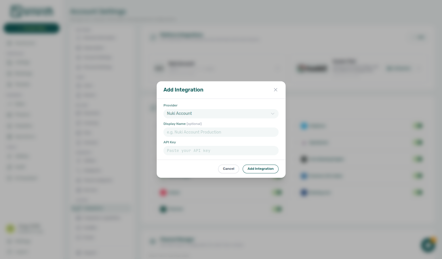 Account Settings — Add Integration modal with platform picker and credential fields