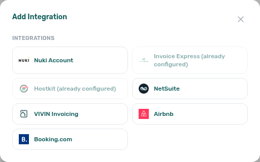 Integrations — Add Integration list with VIVIN Invoicing, Hostkit, Invoice Express, and NetSuite