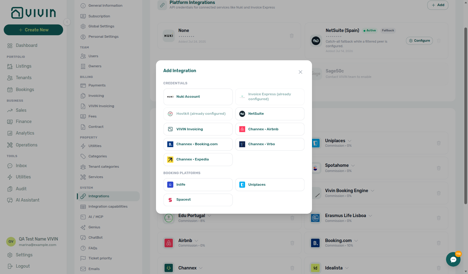 Account Settings — Add Integration list with VIVIN Invoicing and NetSuite still available beside an existing dual stack