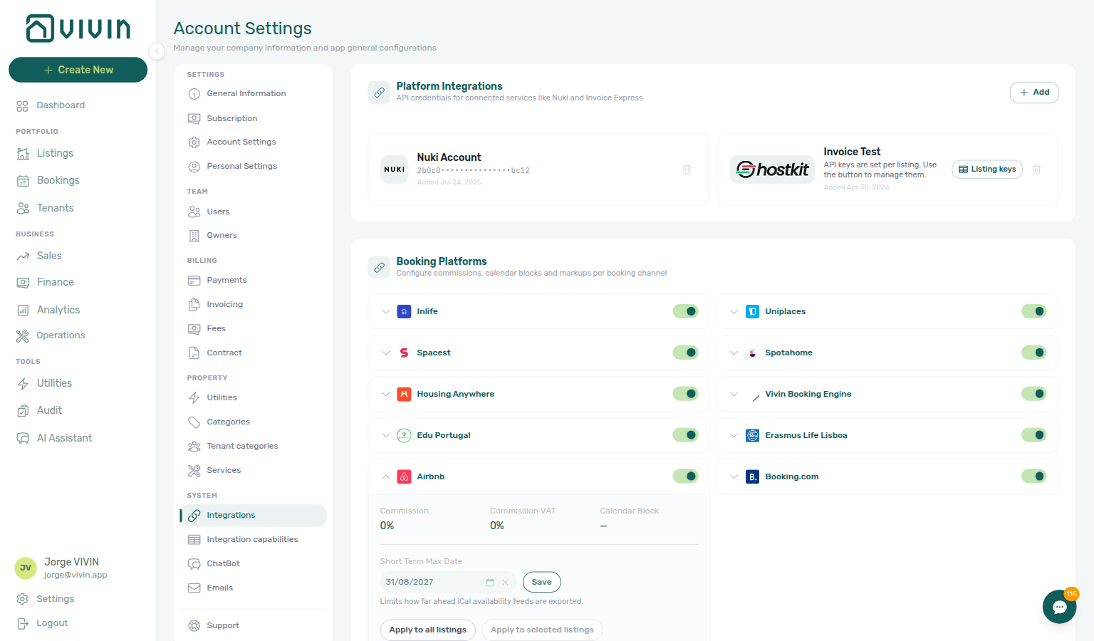 Account Settings — Airbnb platform card with Apply to all listings and Apply to selected listings