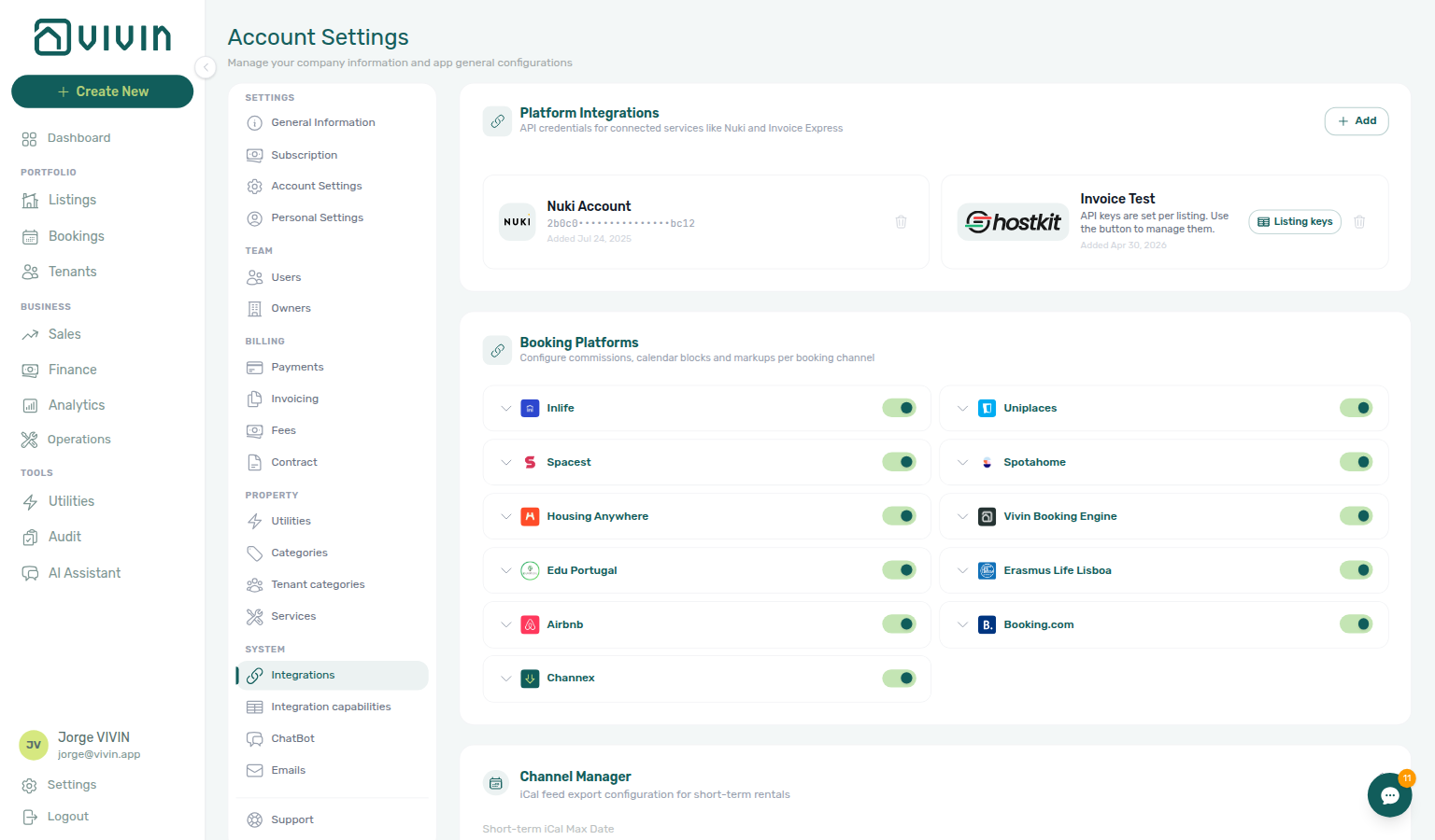 Account Settings — Integrations overview with platform cards and Short-term iCal Max Date