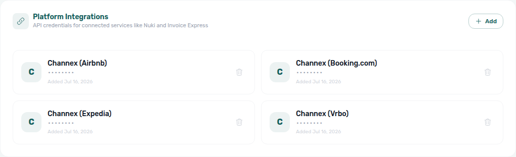 Account Settings — Platform Integrations Channex connection cards (credentials managed by Vivin)