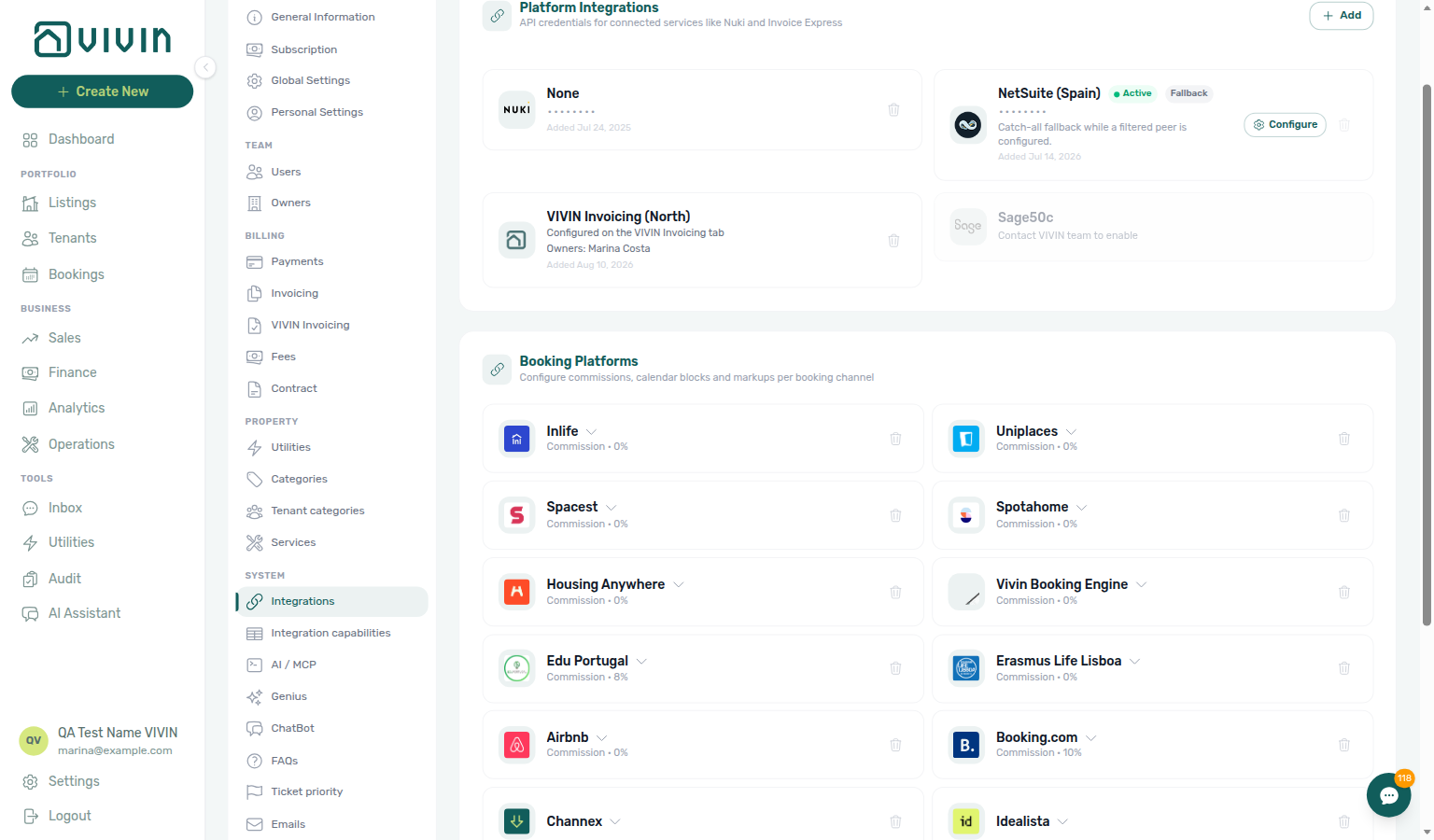 Account Settings — Integrations Platform Integrations with NetSuite Fallback catch-all and filtered VIVIN Invoicing peer