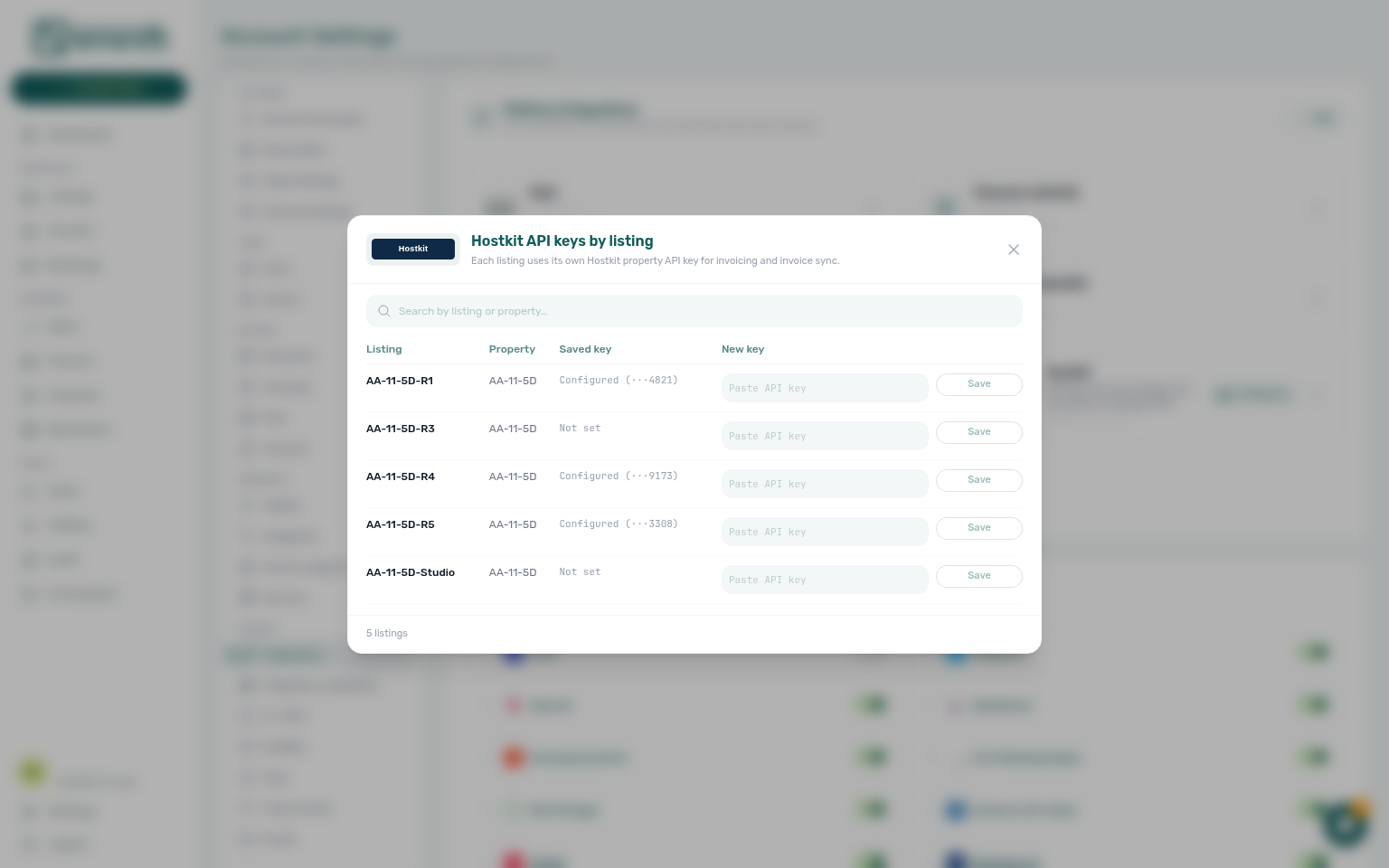 Integrations — Hostkit API keys by listing modal (Configured and Not set rows)