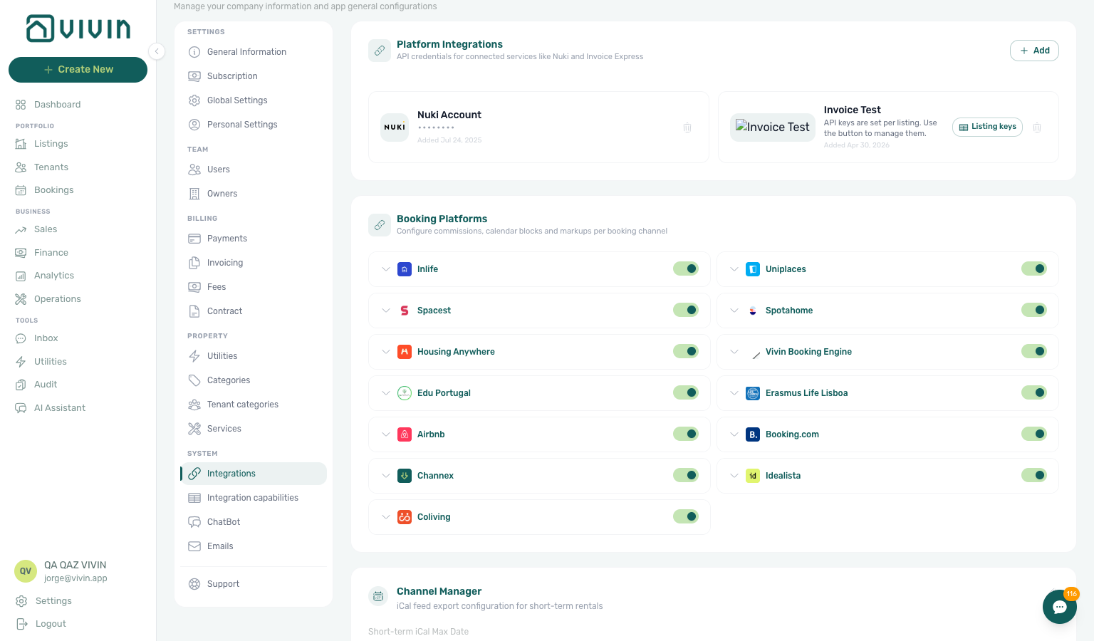 Account Settings — Idealista and Coliving platform integration cards