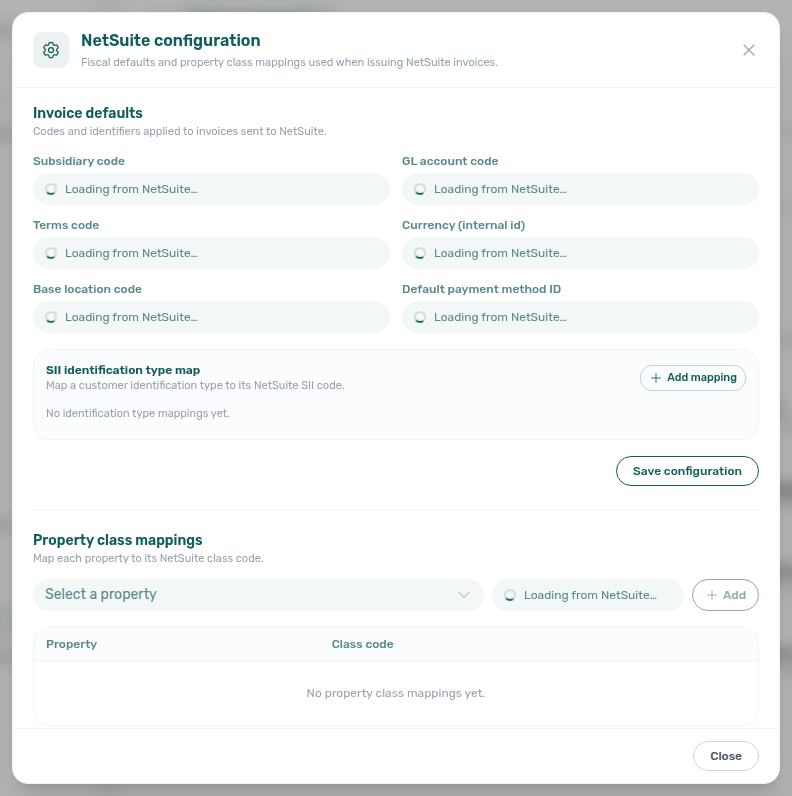 Account Settings — NetSuite configuration with Loading from NetSuite… on Invoice defaults and class code while options load