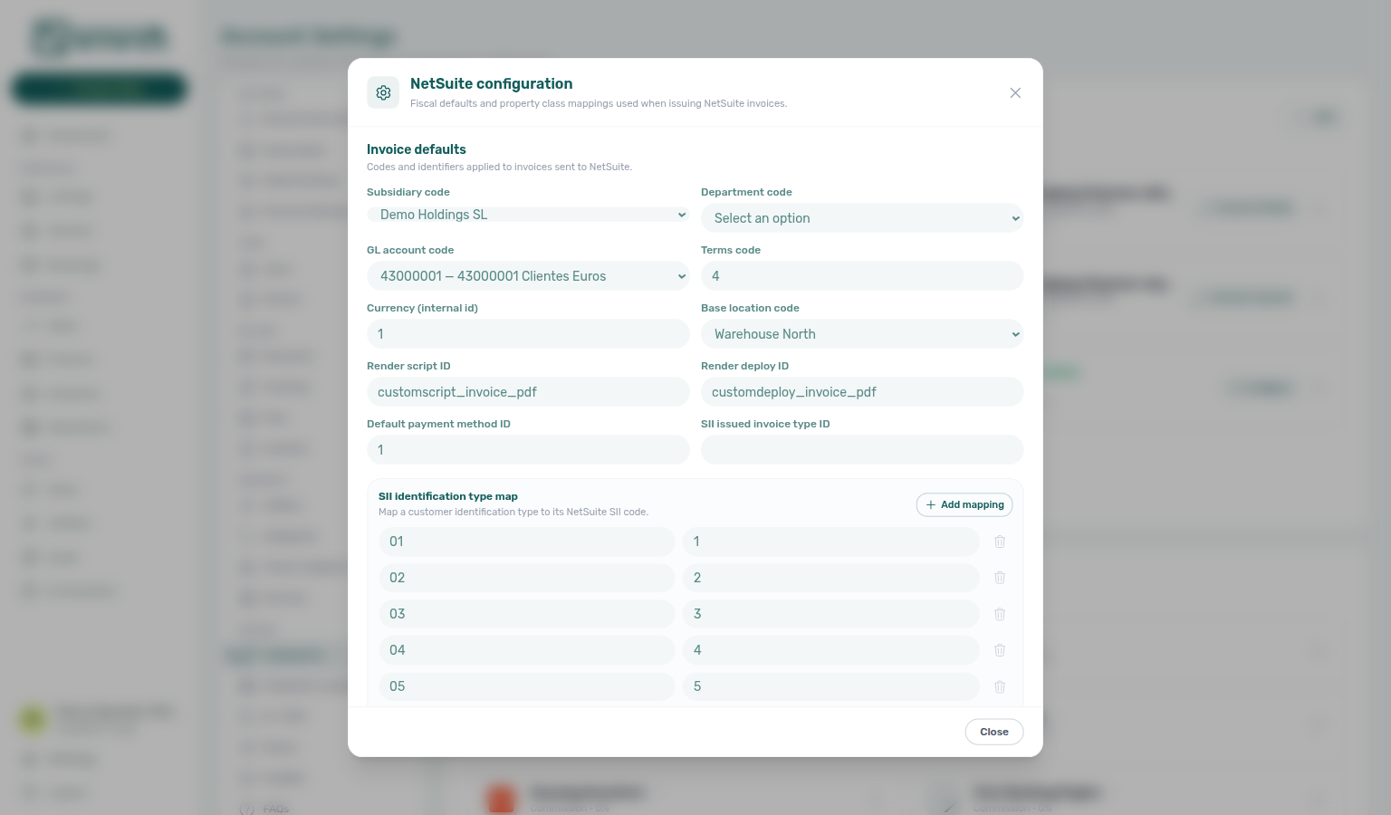 Account Settings — NetSuite configuration modal with Invoice defaults dropdowns and SII identification type map