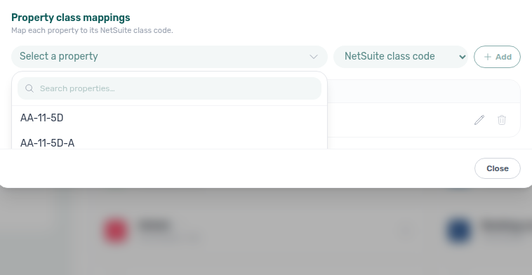 Account Settings — NetSuite Property class mappings property picker open with Search properties and the scrollable building list