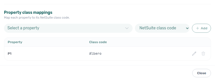 Account Settings — NetSuite configuration Property class mappings with Select a property, NetSuite class code, and an existing P1 → Albero row