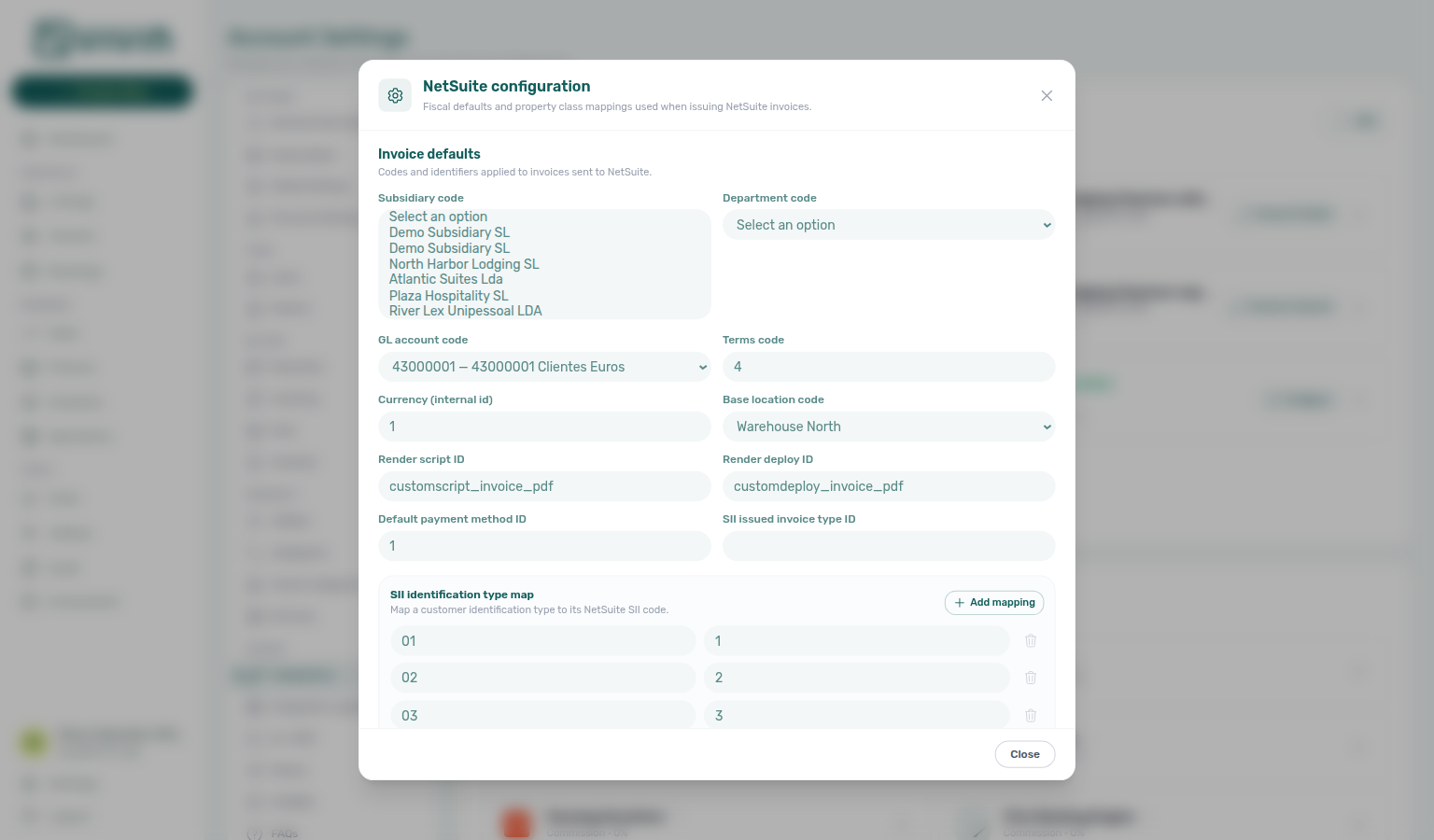 Account Settings — NetSuite configuration Subsidiary code dropdown listing subsidiaries from the connected account