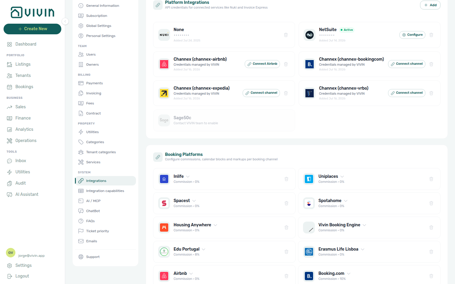 Account Settings — Integrations Platform Integrations with Nuki, NetSuite (Active + Configure), Channex OTA connection cards, and Sage50c coming soon