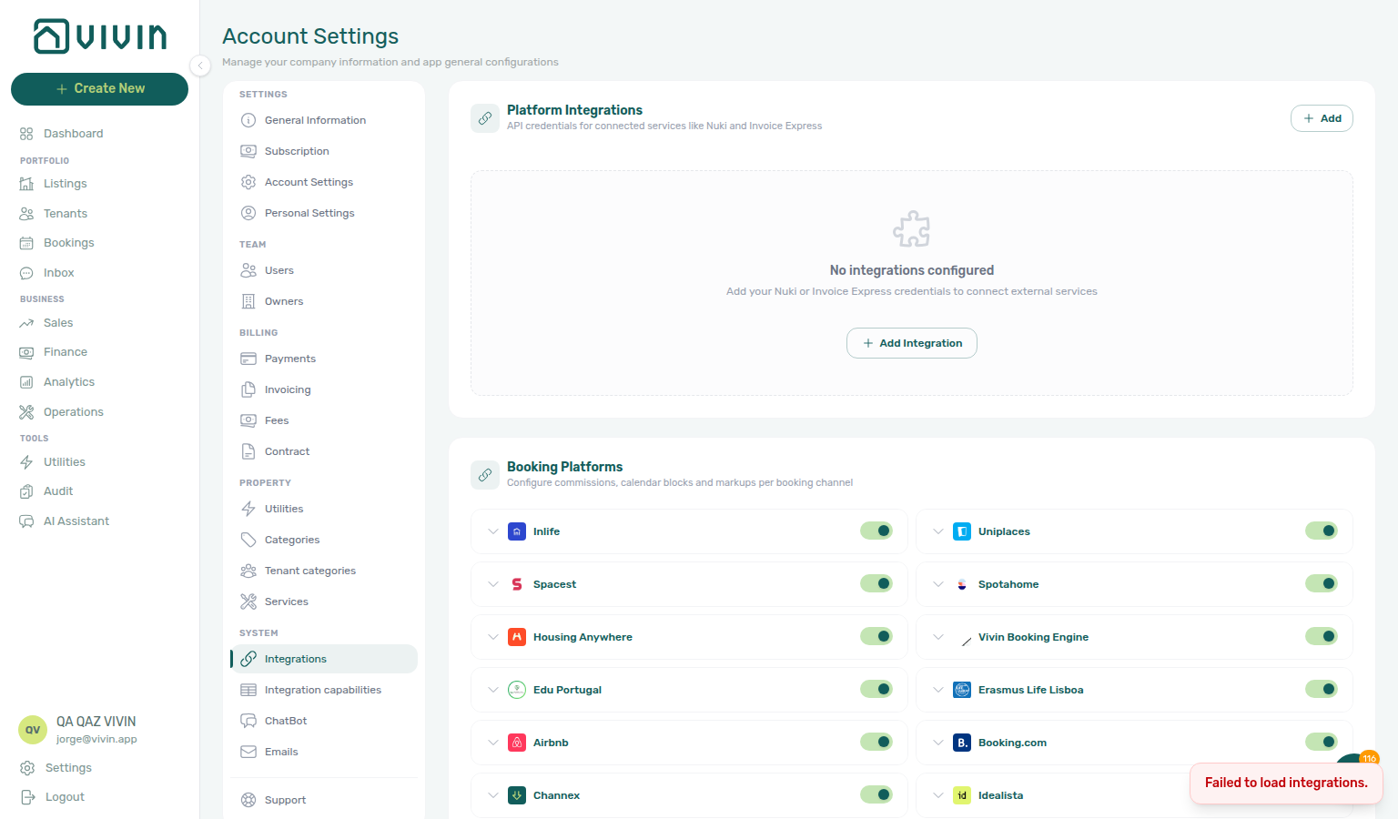 Account Settings — Integrations, Other providers list empty after connections fetch failure with error toast