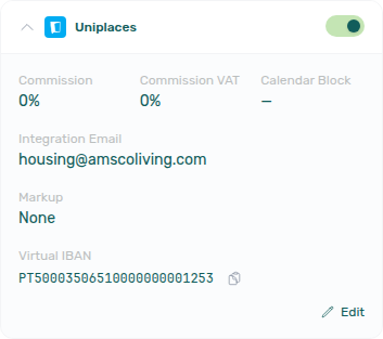 Account Settings — Uniplaces booking-platform card with Calendar Block on the first row