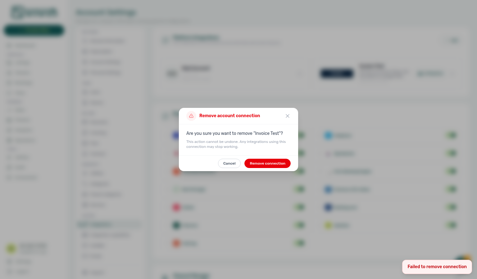 Account Settings — Integrations, Remove account connection modal with delete failure toast