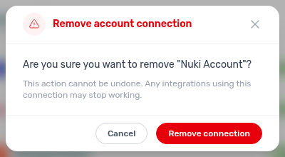 Account Settings — Integrations, Remove account connection confirmation for an Other providers card (example Hostkit connection)
