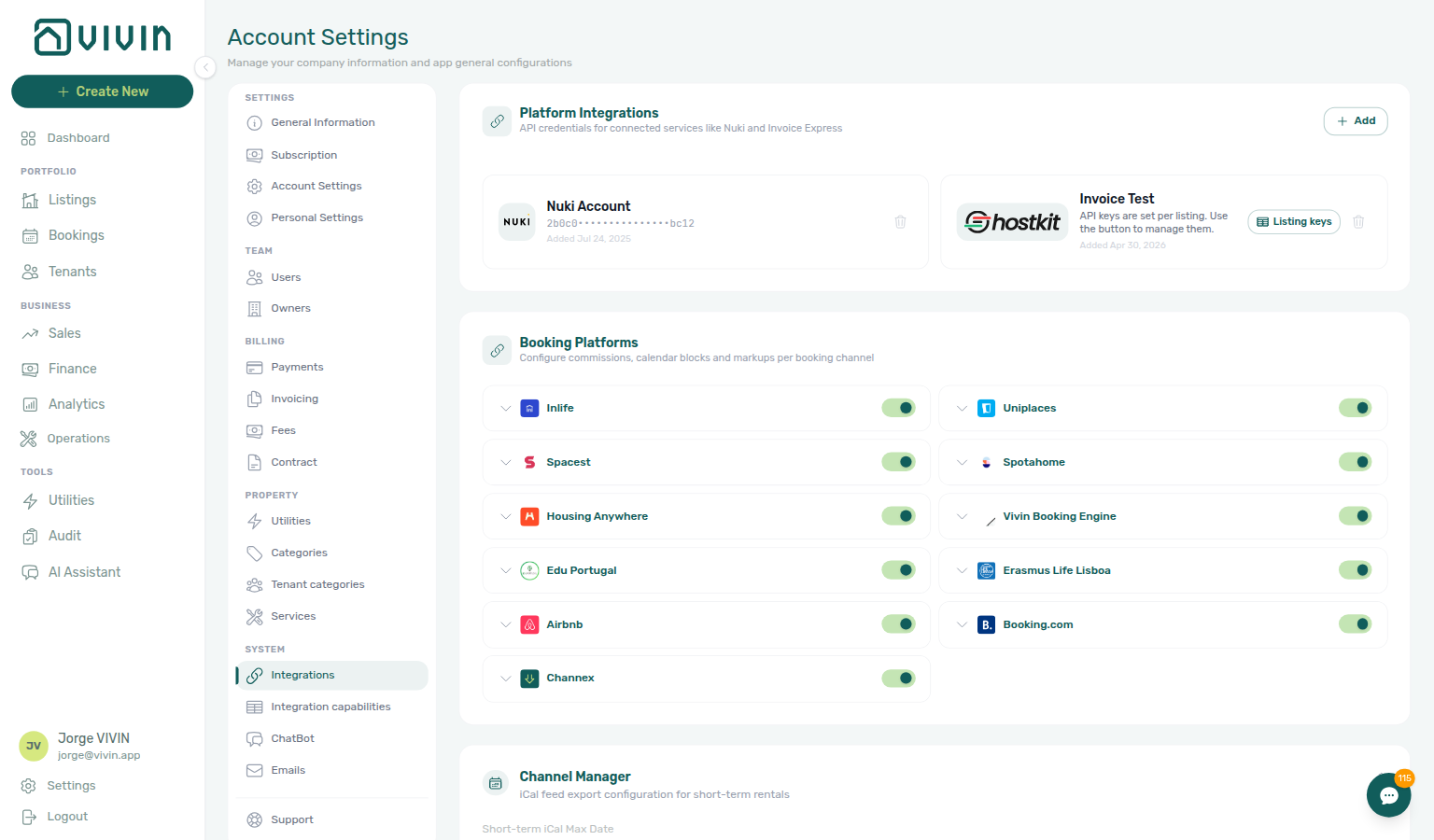 Account Settings — Channel Manager block with Short-term iCal Max Date and Save