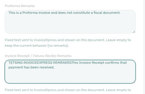 Account Settings — Invoicing tab with InvoiceXpress Proforma and Invoice Receipt remarks fields in edit mode