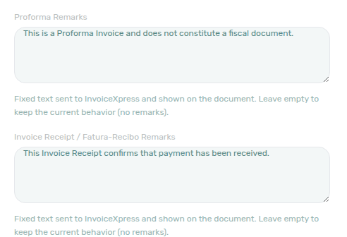 Account Settings — Invoicing tab, InvoiceXpress Proforma and Invoice Receipt remarks in edit mode