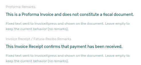 Account Settings — Invoicing tab, InvoiceXpress Proforma and Invoice Receipt remarks in view mode