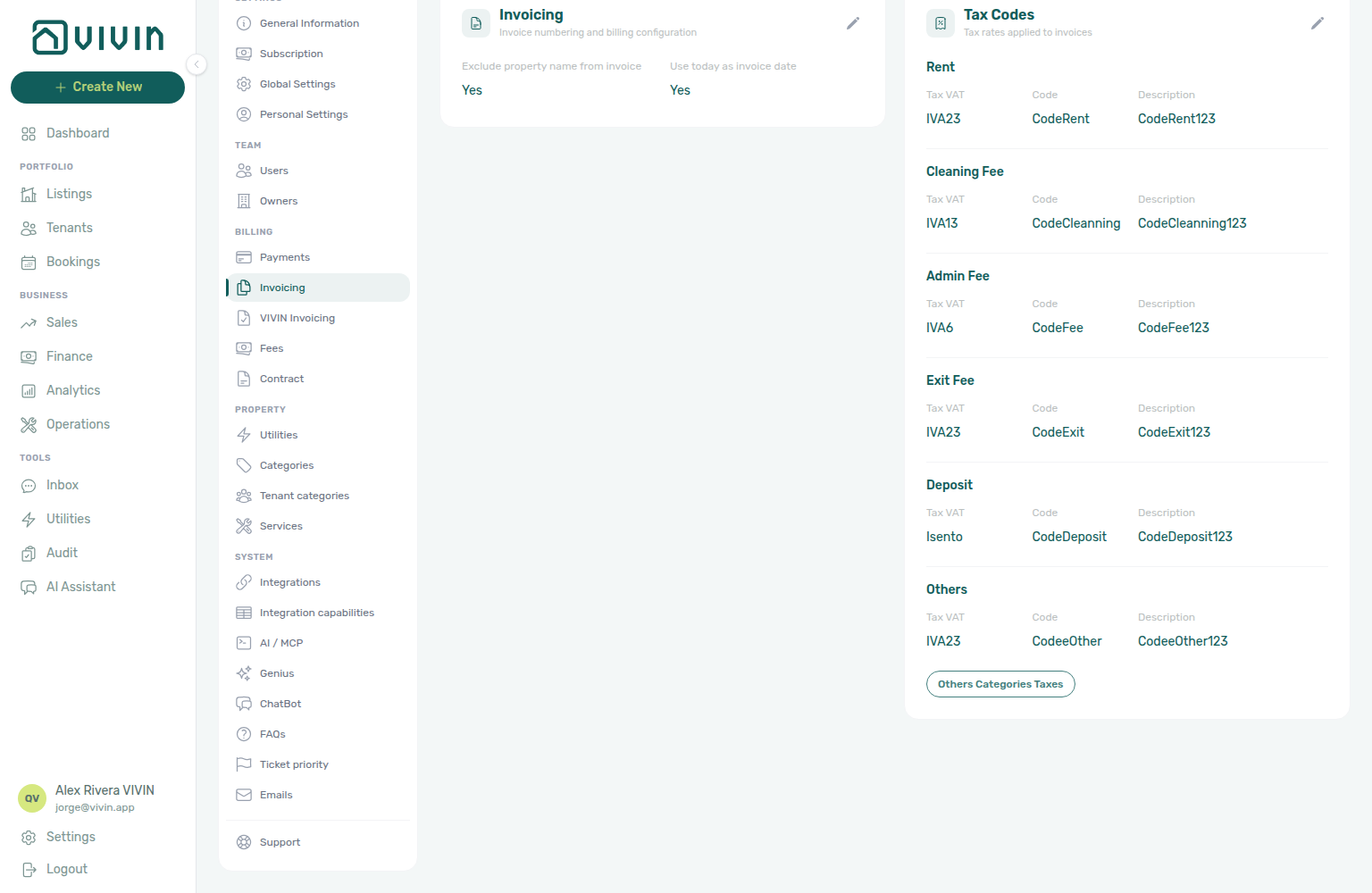 Account Settings — Tax Codes card with Others Categories Taxes button below the Others line