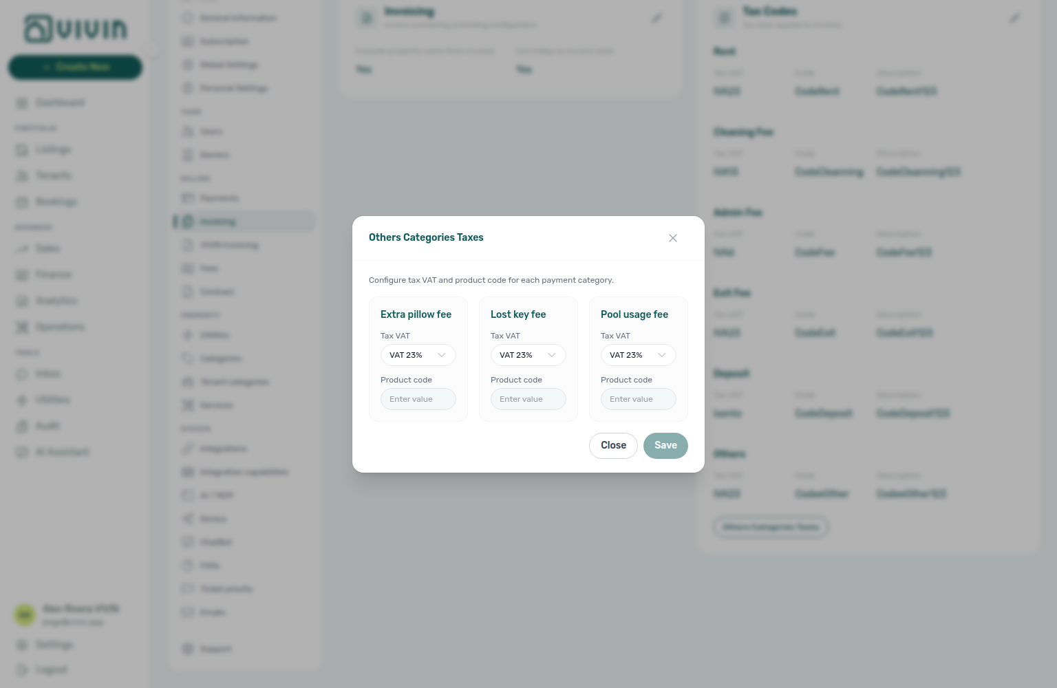 Others Categories Taxes modal with per-category Tax VAT and Product code (Extra pillow fee, Lost key fee, Pool usage fee)