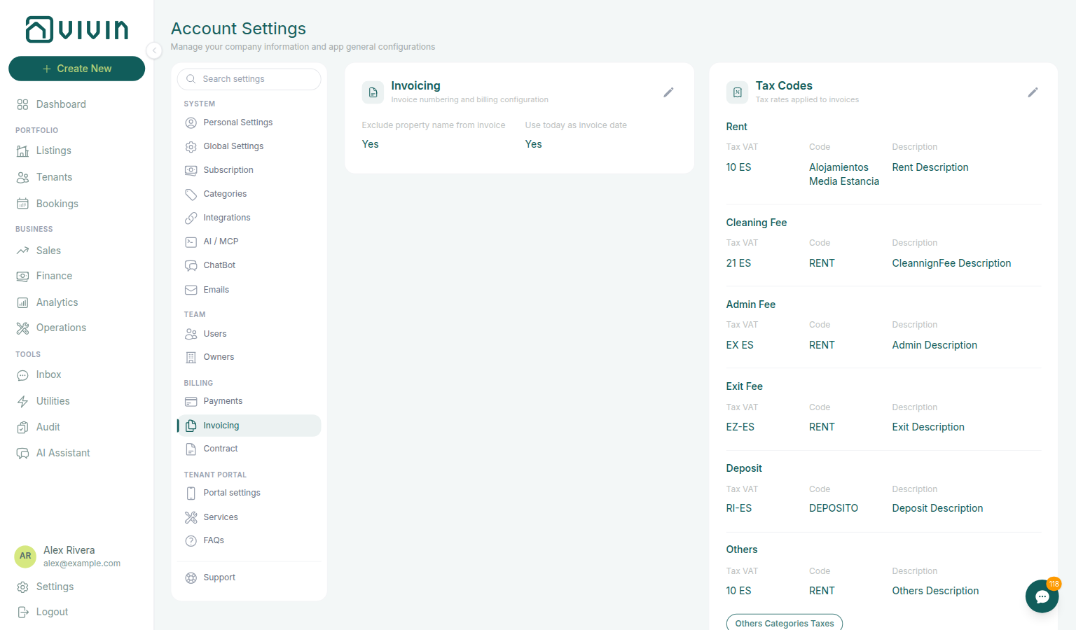 Account Settings — Invoicing tab with VAT rate fields for rent, deposit, fees, and other items