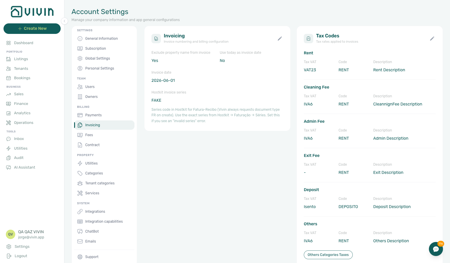 Account Settings — Invoicing tab with VAT rate fields for rent, deposit, fees, and other items