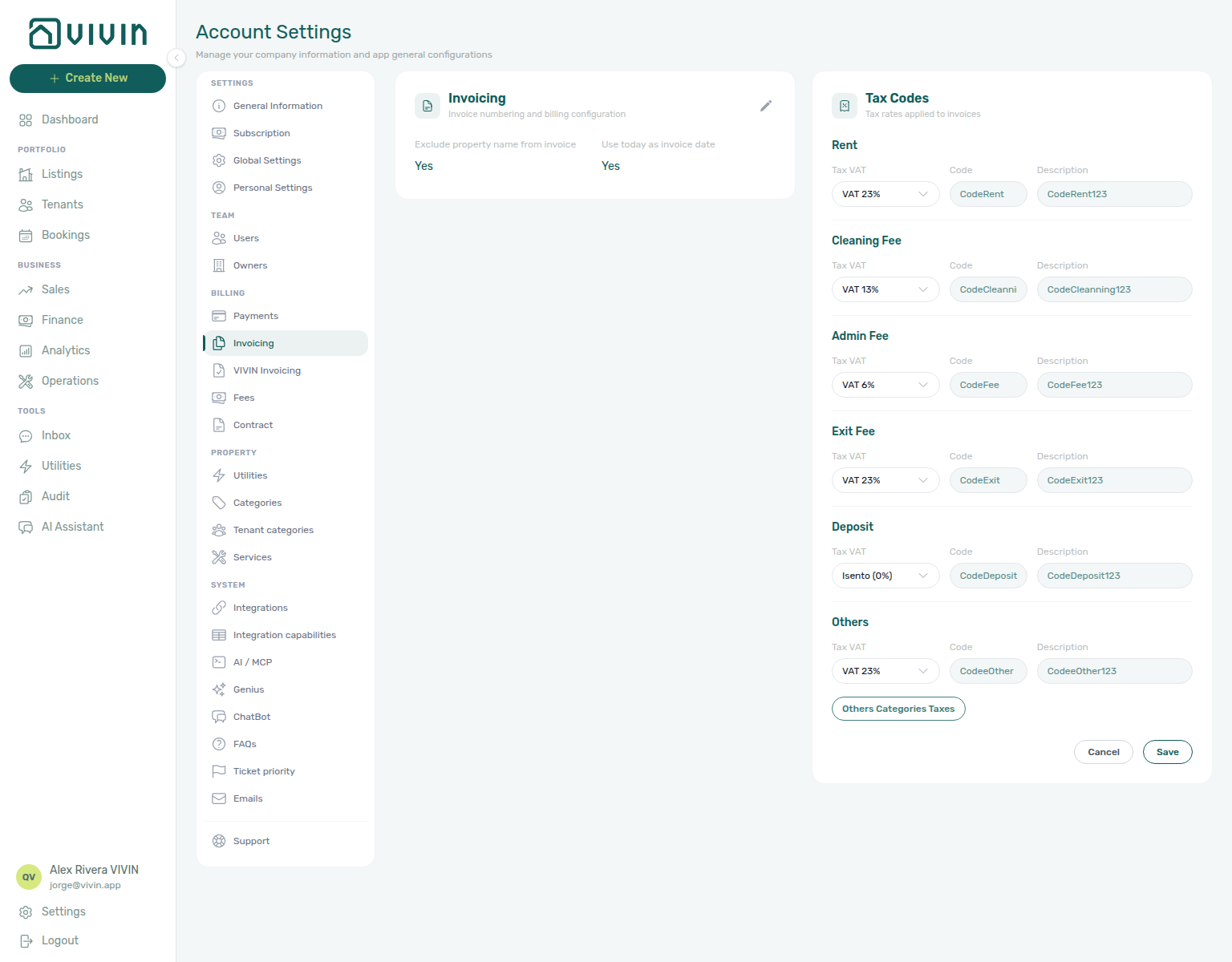 Account Settings — Invoicing Tax Codes card in edit mode with Tax VAT dropdowns, Code, and Description fields
