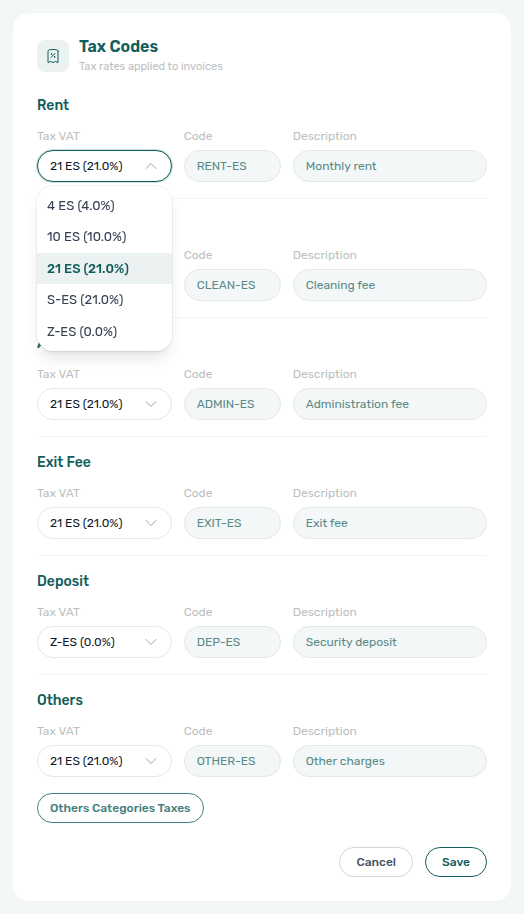 Account Settings — Tax Codes Rent Tax VAT dropdown listing NetSuite Spanish codes such as 21 ES (21%)