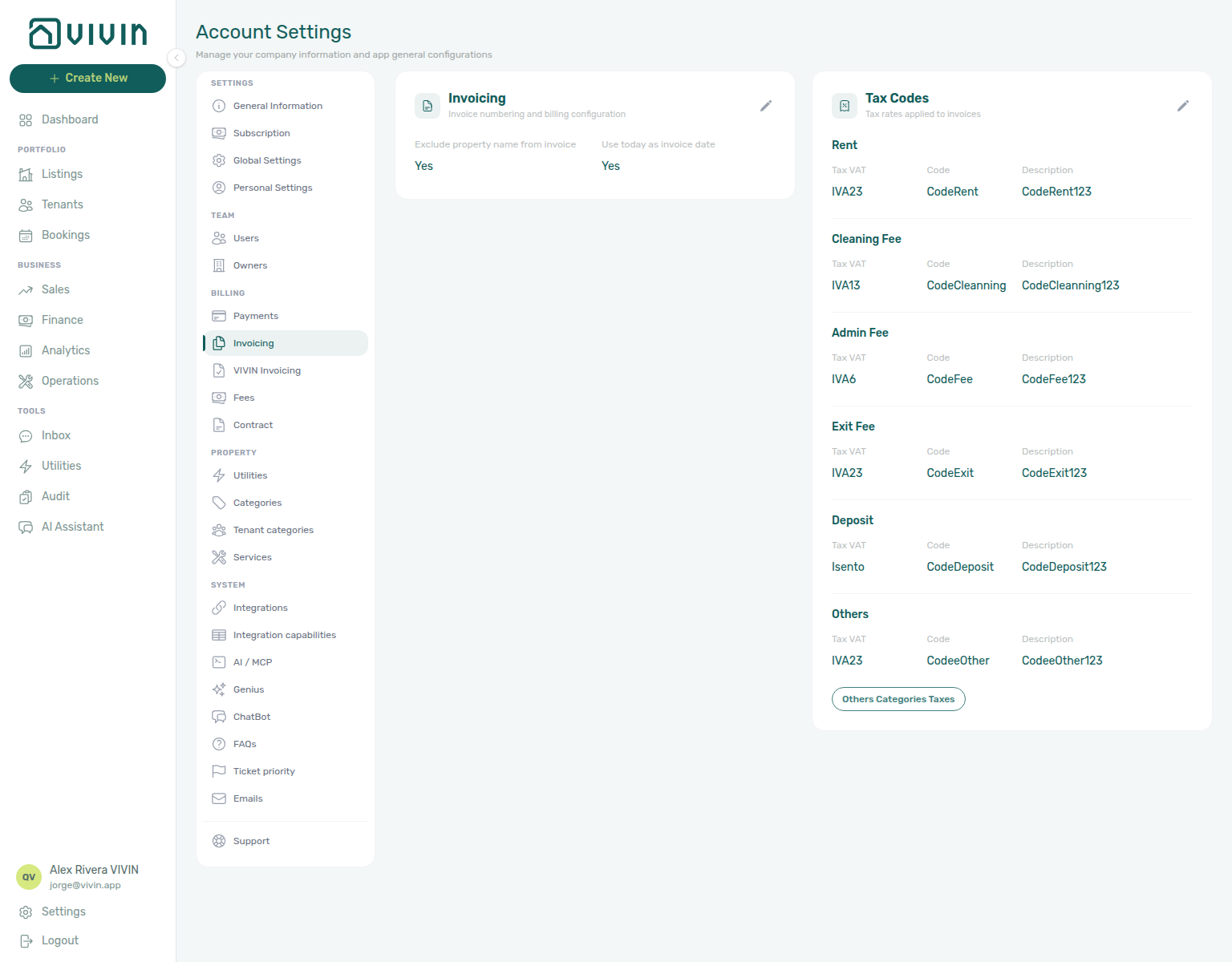 Account Settings — Invoicing Tax Codes card in view mode with VIVIN catalogue names (IVA23, Isento) and product codes