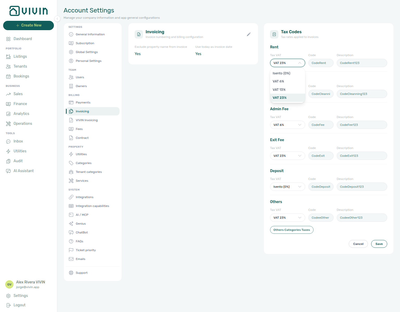 Account Settings — Tax Codes Rent Tax VAT dropdown listing VIVIN rates (Isento 0%, VAT 6%, VAT 13%, VAT 23%)