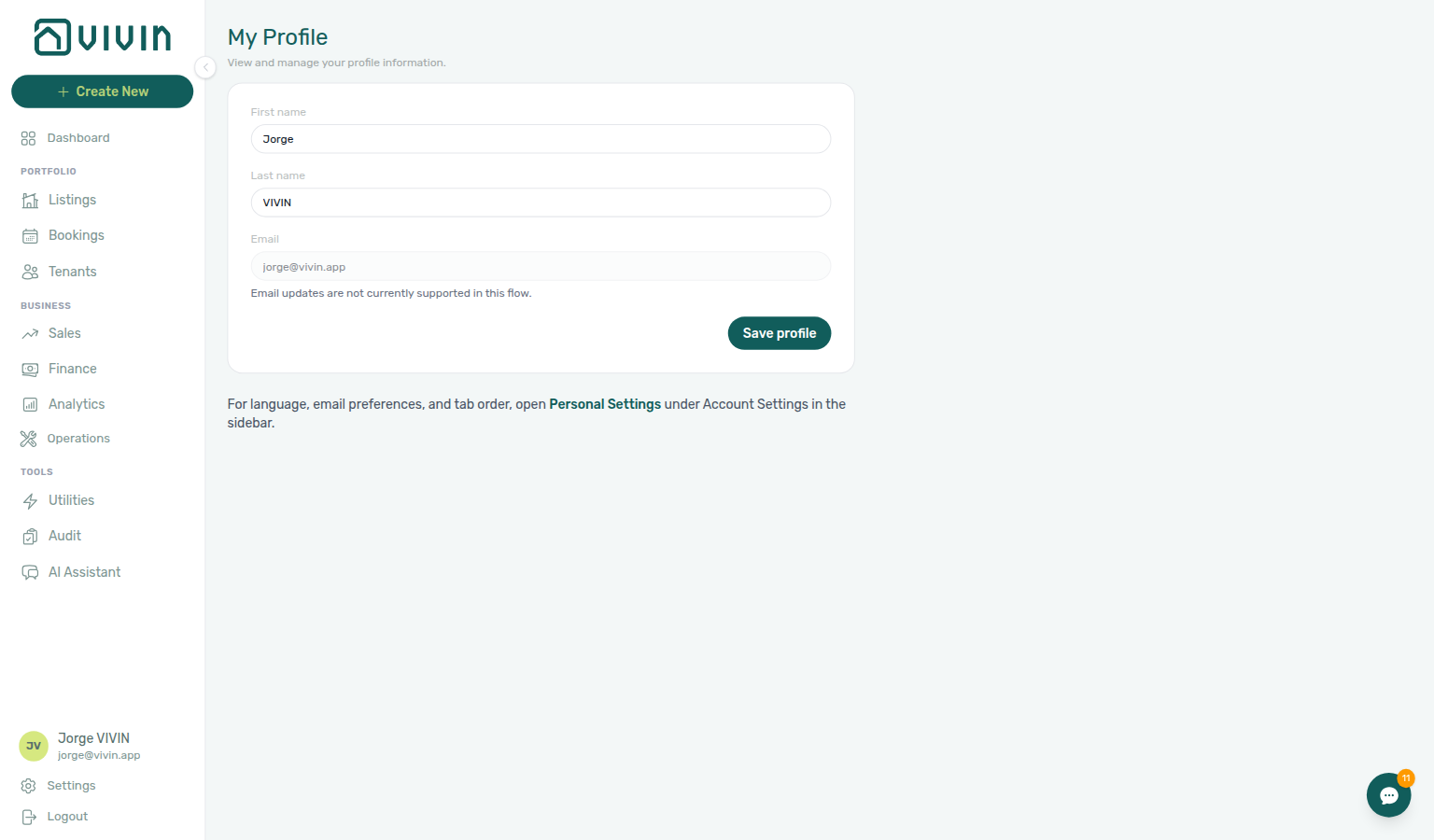 My Profile — personal details form in the management shell (read-only when the signed-in role forbids edits)